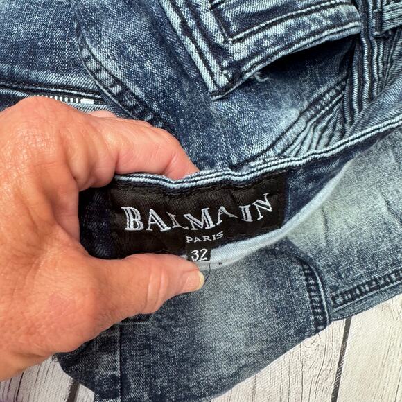 Balmain Blue Moto Distressed Jeans Size 32 please see last picture broke zipper - Picture 5 of 8